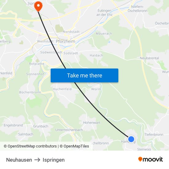 Neuhausen to Ispringen map