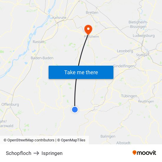 Schopfloch to Ispringen map