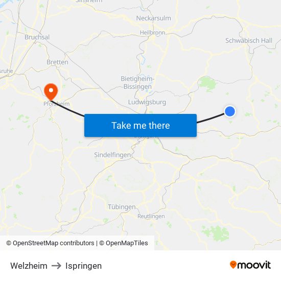 Welzheim to Ispringen map