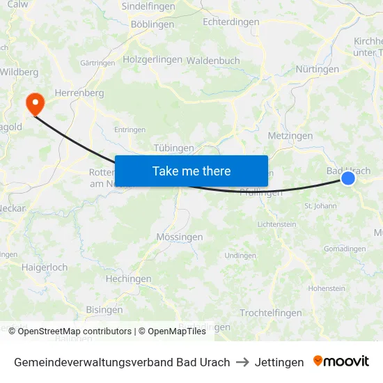 Gemeindeverwaltungsverband Bad Urach to Jettingen map
