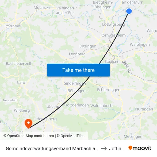 Gemeindeverwaltungsverband Marbach am Neckar to Jettingen map
