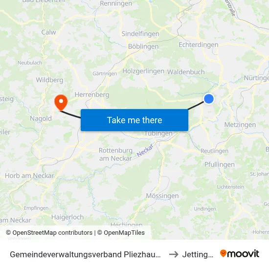 Gemeindeverwaltungsverband Pliezhausen to Jettingen map