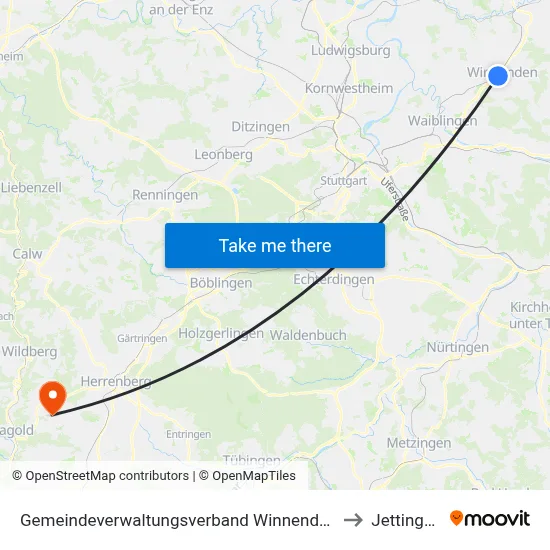 Gemeindeverwaltungsverband Winnenden to Jettingen map