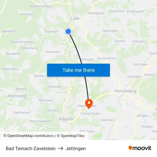 Bad Teinach-Zavelstein to Jettingen map