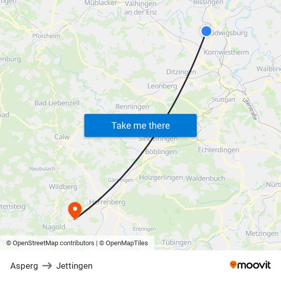 Asperg to Jettingen map