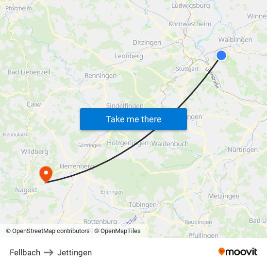 Fellbach to Jettingen map