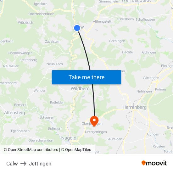 Calw to Jettingen map