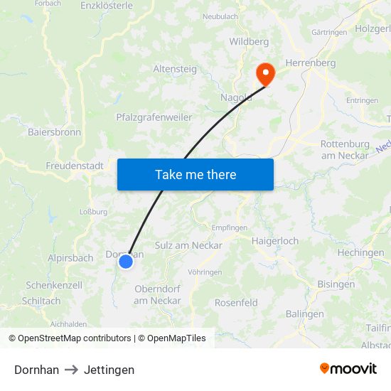 Dornhan to Jettingen map