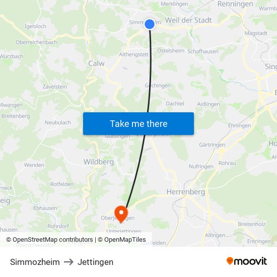 Simmozheim to Jettingen map