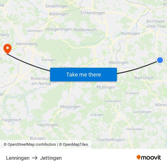 Lenningen to Jettingen map