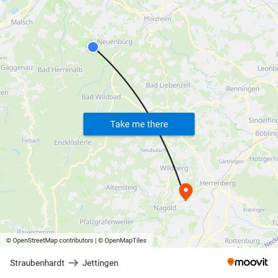 Straubenhardt to Jettingen map