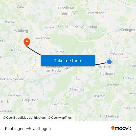Reutlingen to Jettingen map