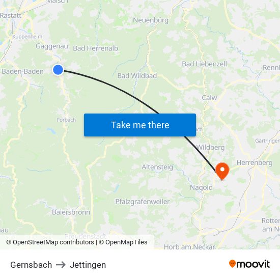 Gernsbach to Jettingen map