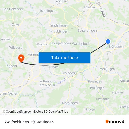 Wolfschlugen to Jettingen map