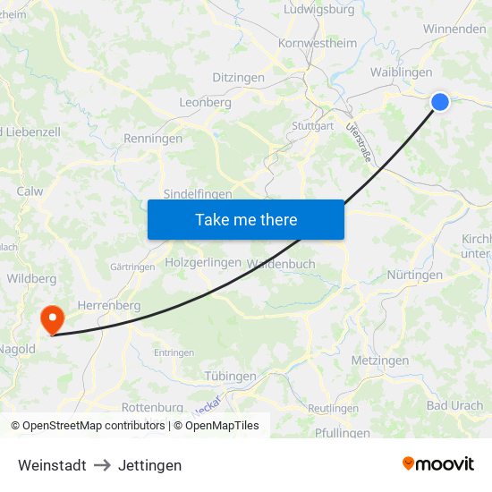 Weinstadt to Jettingen map