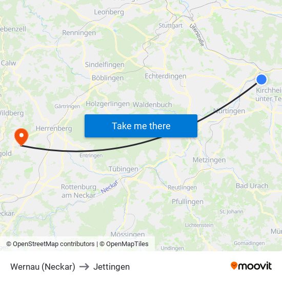 Wernau (Neckar) to Jettingen map