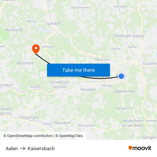 Aalen to Kaisersbach map