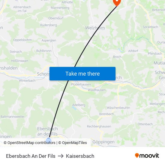 Ebersbach An Der Fils to Kaisersbach map