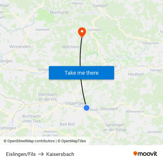 Eislingen/Fils to Kaisersbach map