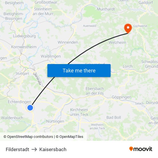 Filderstadt to Kaisersbach map