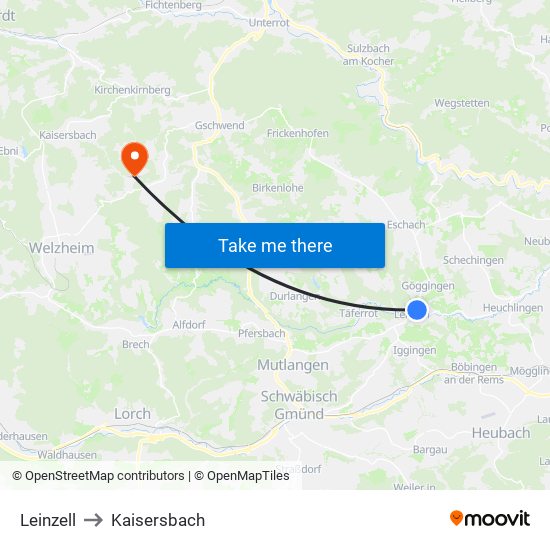 Leinzell to Kaisersbach map