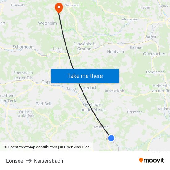 Lonsee to Kaisersbach map