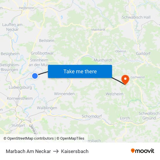 Marbach Am Neckar to Kaisersbach map