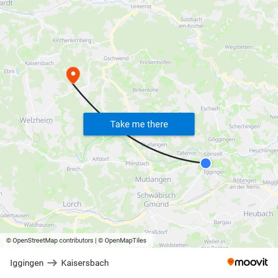Iggingen to Kaisersbach map