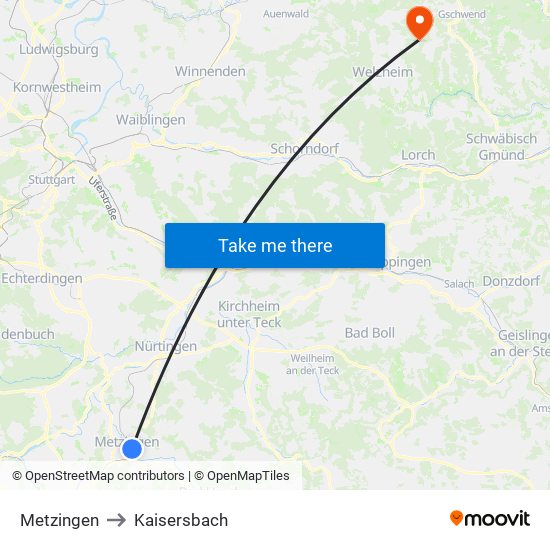 Metzingen to Kaisersbach map
