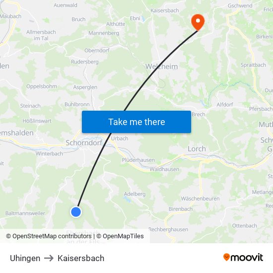 Uhingen to Kaisersbach map