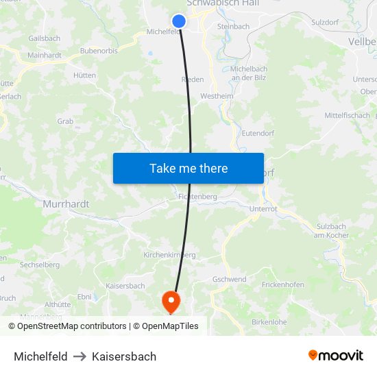 Michelfeld to Kaisersbach map