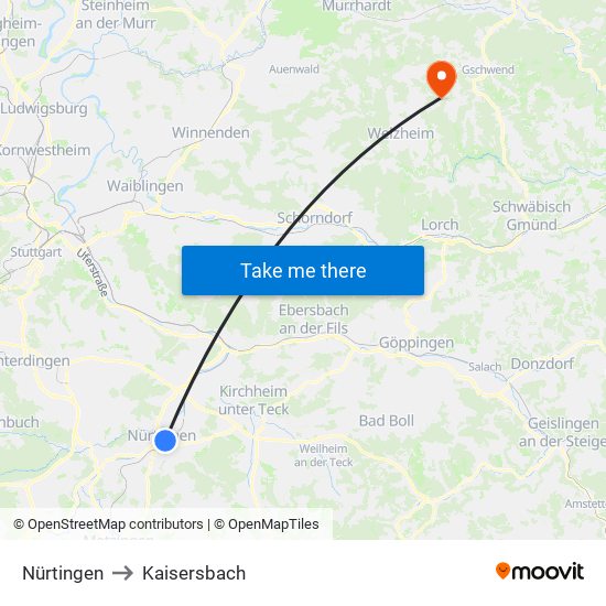 Nürtingen to Kaisersbach map