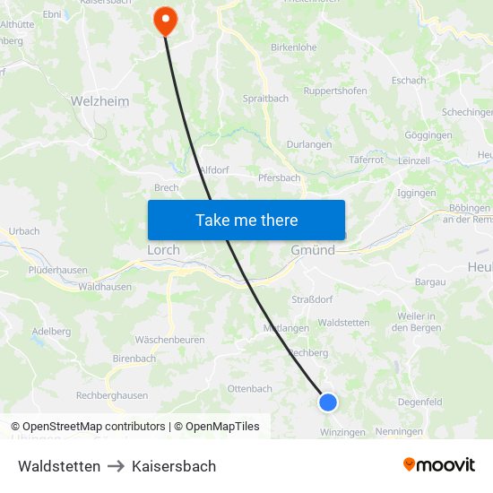 Waldstetten to Kaisersbach map