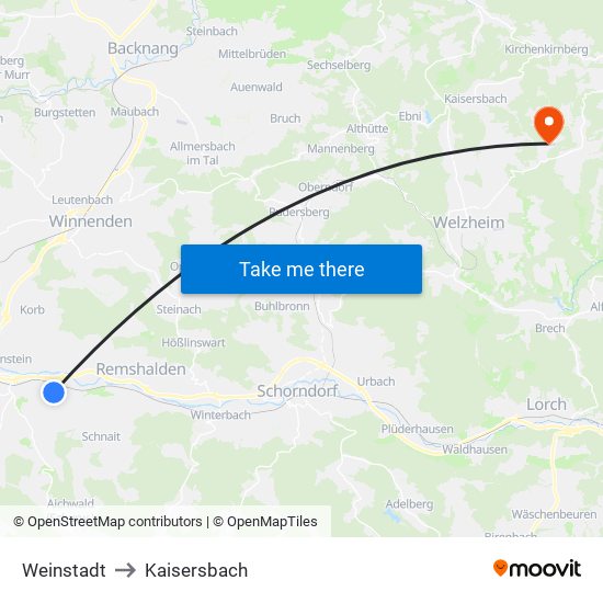 Weinstadt to Kaisersbach map