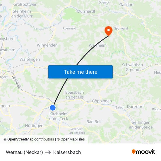 Wernau (Neckar) to Kaisersbach map