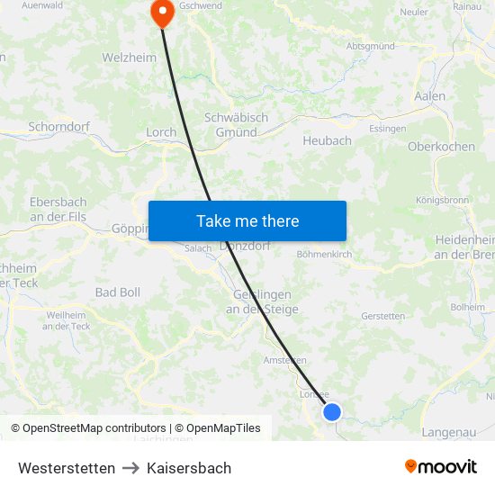 Westerstetten to Kaisersbach map