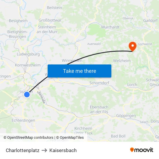 Charlottenplatz to Kaisersbach map