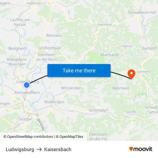 Ludwigsburg to Kaisersbach map