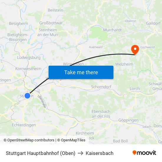 Stuttgart Hauptbahnhof (Oben) to Kaisersbach map