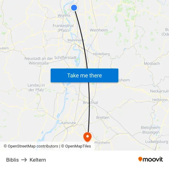 Biblis to Keltern map