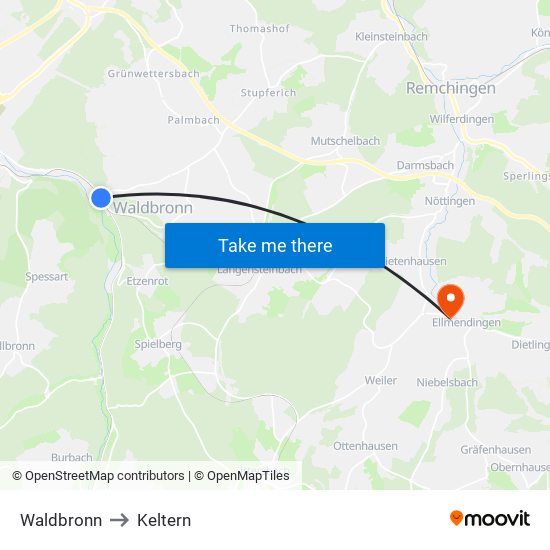 Waldbronn to Keltern map