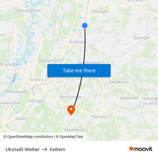 Ubstadt-Weiher to Keltern map