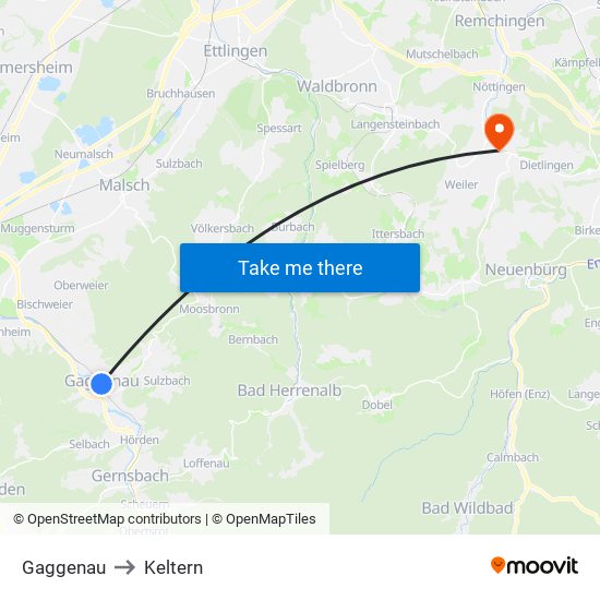 Gaggenau to Keltern map