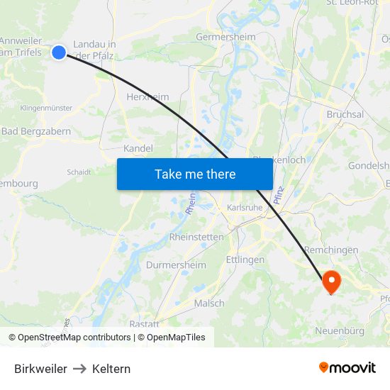 Birkweiler to Keltern map