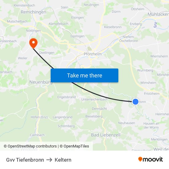 Gvv Tiefenbronn to Keltern map