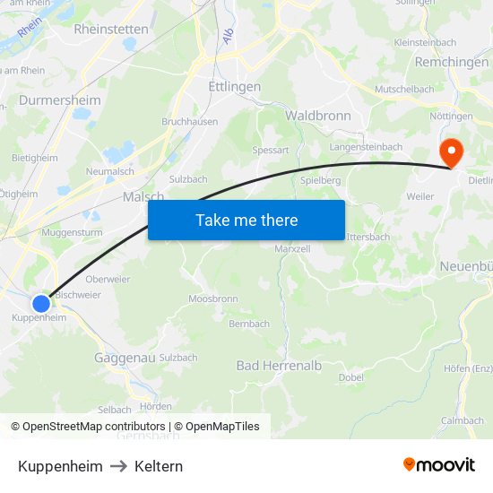 Kuppenheim to Keltern map