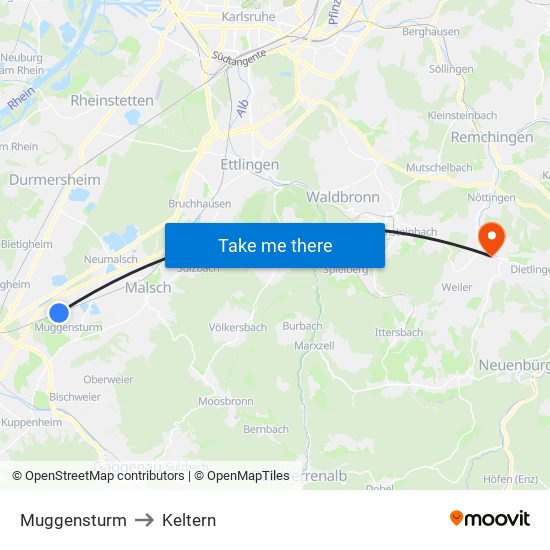 Muggensturm to Keltern map