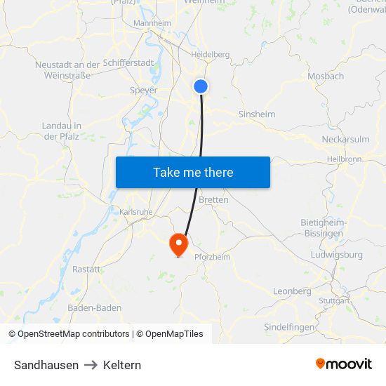 Sandhausen to Keltern map