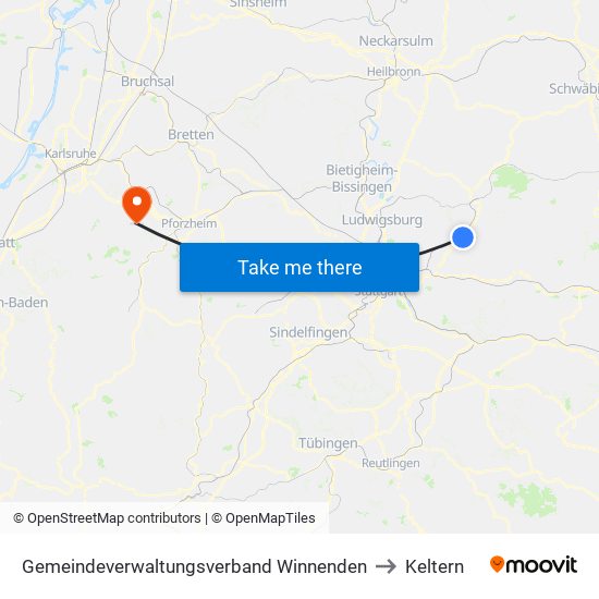 Gemeindeverwaltungsverband Winnenden to Keltern map