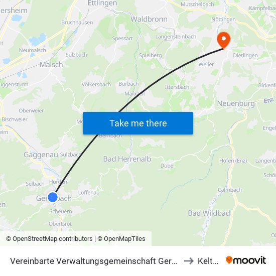 Vereinbarte Verwaltungsgemeinschaft Gernsbach to Keltern map